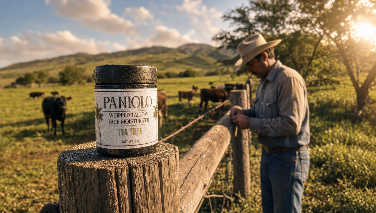 A jar of Paniolo tallow balm on a ranch fence post while a paniolo mends the fence, cattle grazing behind