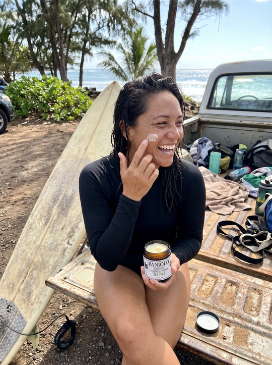 The Daily tallow sun balm after a North Shore surf