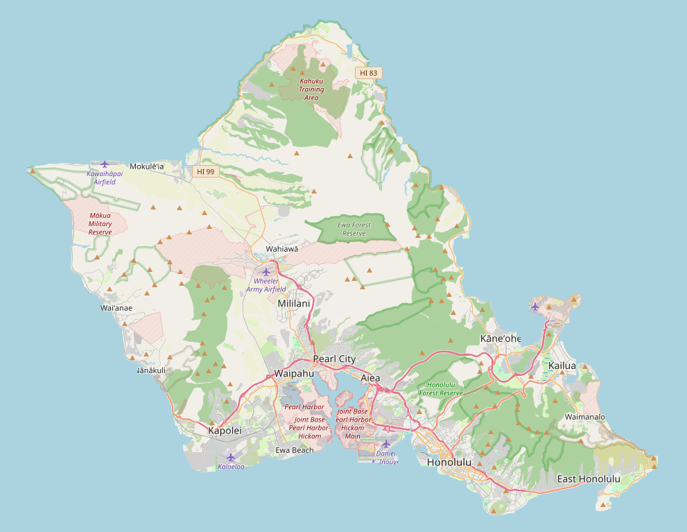 Map of Oʻahu with the six market locations